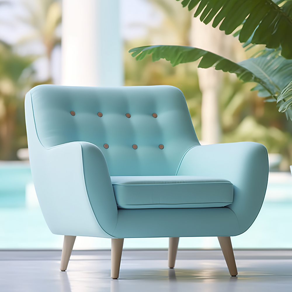 Photo of a modern light blue color armchair alone in the tropical background, AI Generative