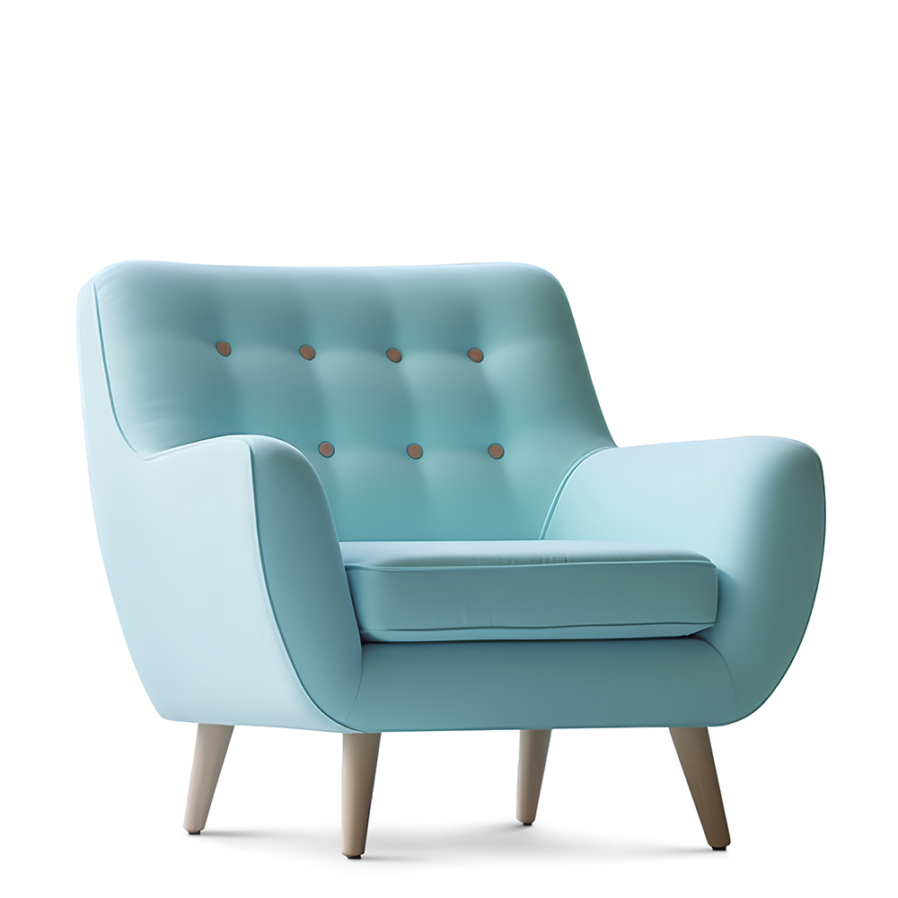 Photo of a modern light blue color armchair alone in the tropical background, AI Generative