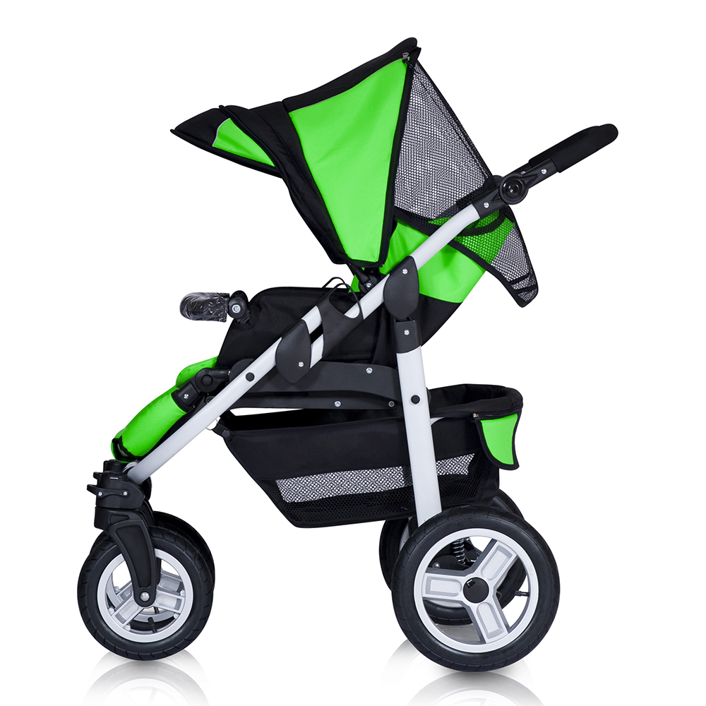 A modern pram isolated against a white background